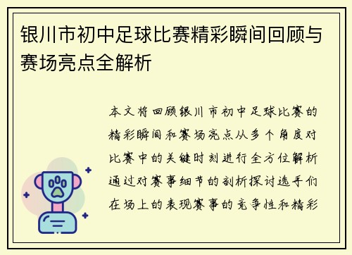 银川市初中足球比赛精彩瞬间回顾与赛场亮点全解析